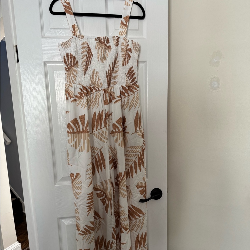 White and Brown Leaf Print Jumpsuit